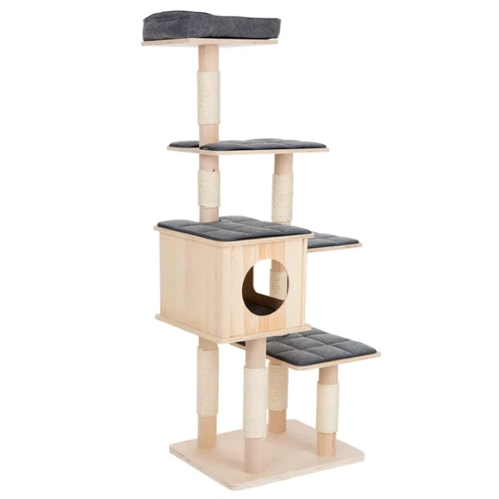 Drewniany domek dla kota z dwoma wejściami w drapaku Modern Living
